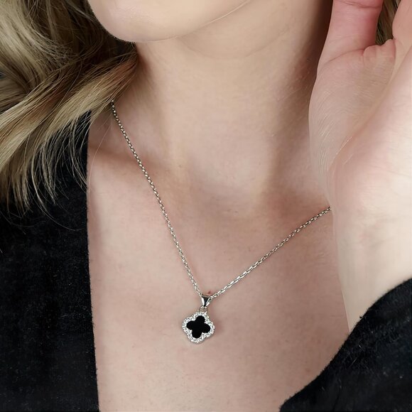 Dual-Sided 18K Gold Plated Clover Necklace with Cubic Zirconia for Women - Picture 5 of 6